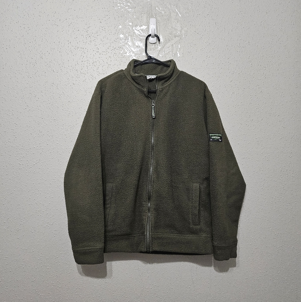 Orvis Full Zip Fleece Jacket Olive Green Outdoor Hiking Logo Patch‎ Size S